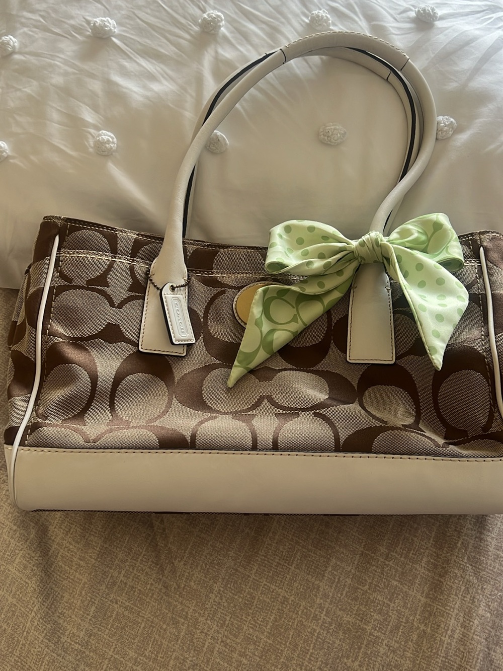Coach Brown Signature Tote with White Trim and Green Bow Accent